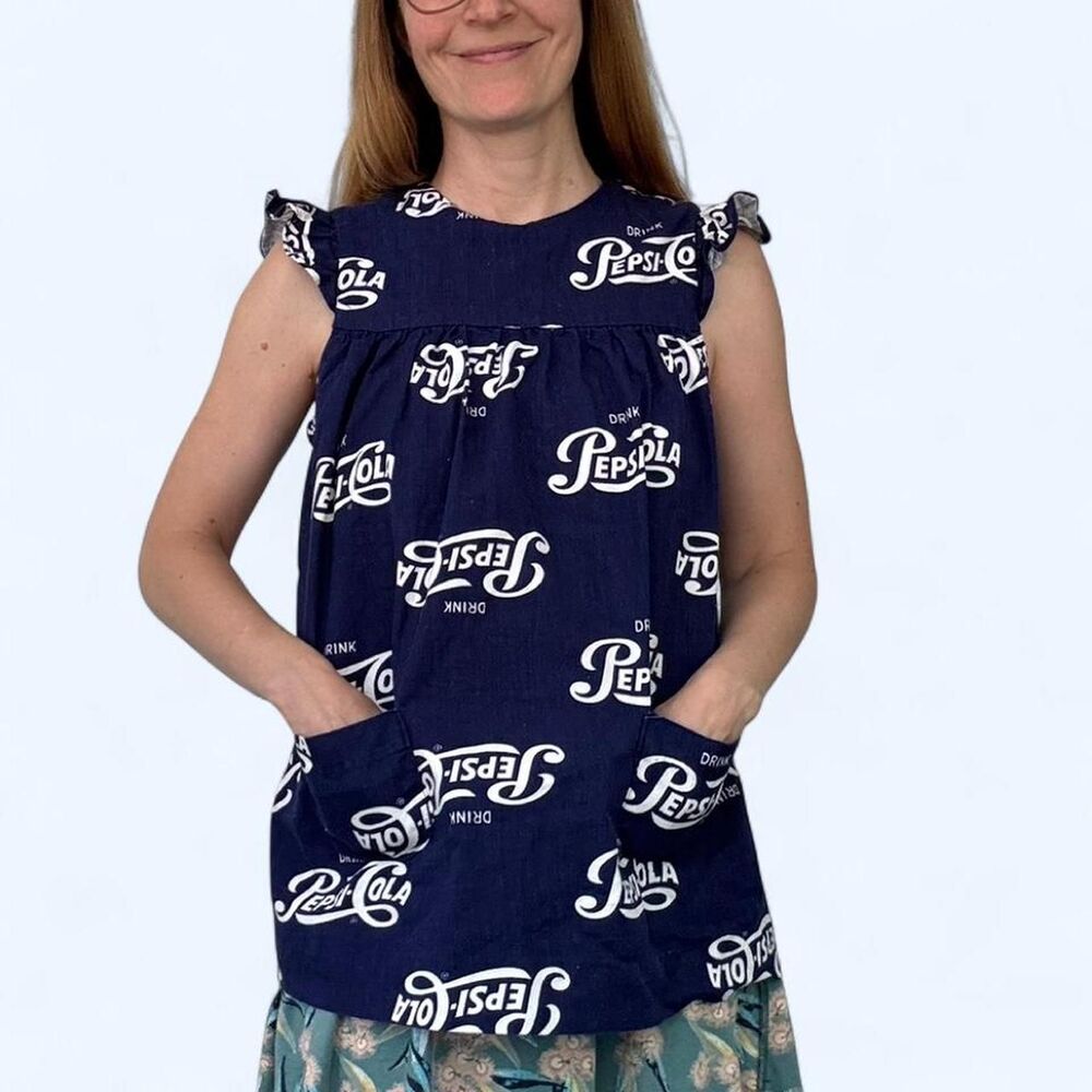Vintage Pepsi Print Novelty Top Open Back Blue Smock Blouse S